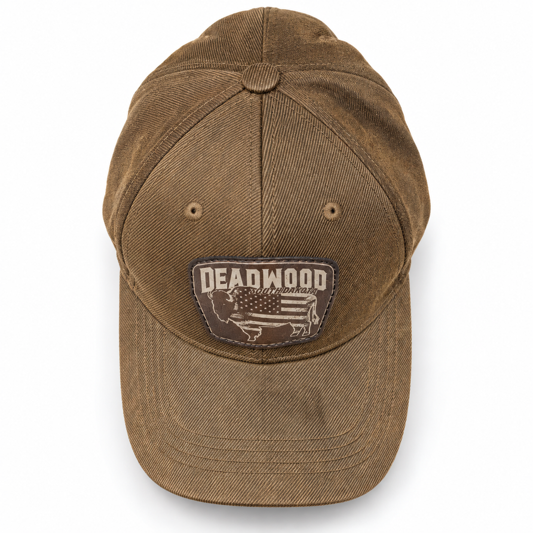 Deadwood American Flag Bison Leather Patch Hat – Washed Brown; top product view