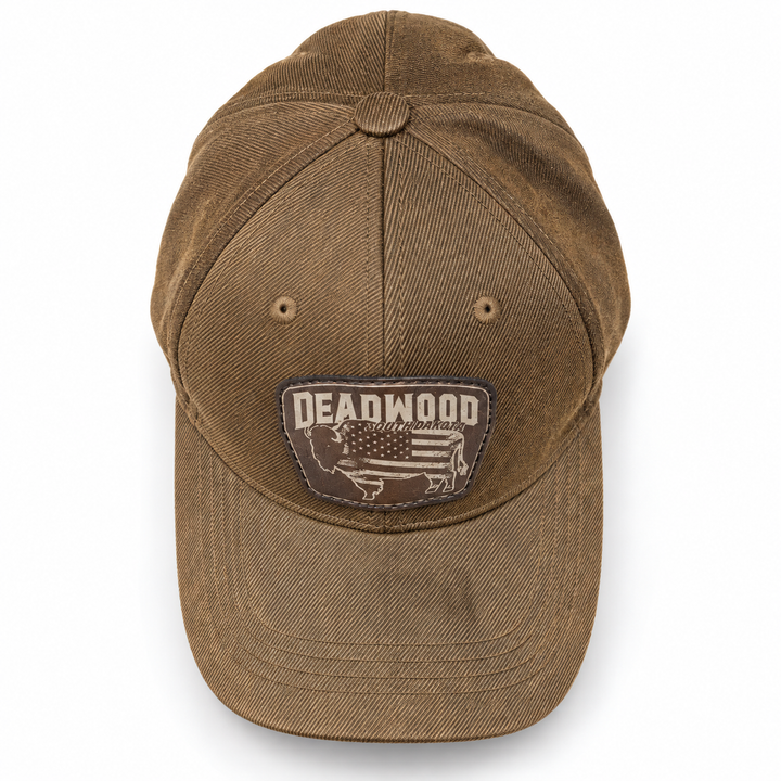 Deadwood American Flag Bison Leather Patch Hat – Washed Brown; top product view