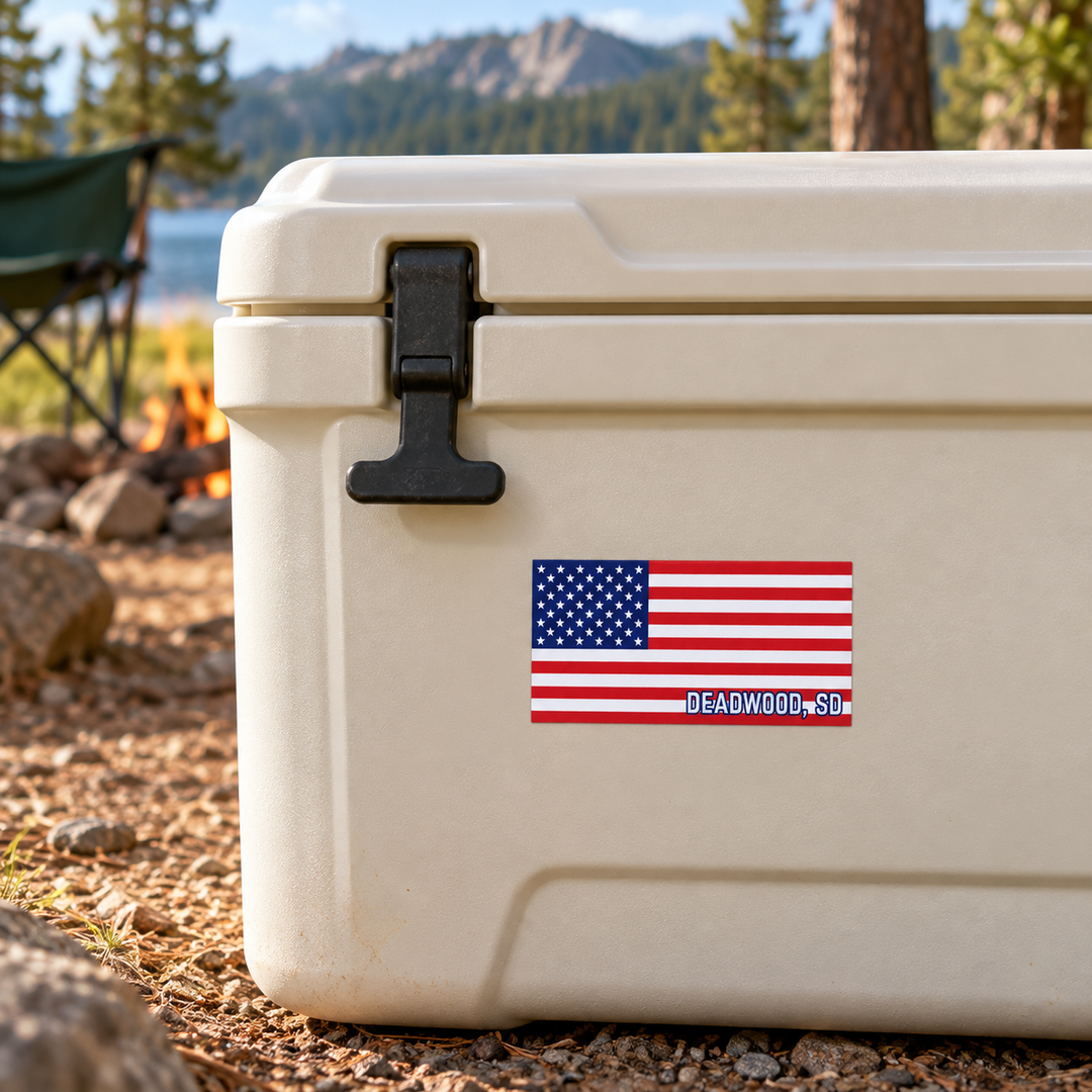Deadwood American Flag Rectangle Sticker on a cooler — lifestyle display mockup; accessories not included