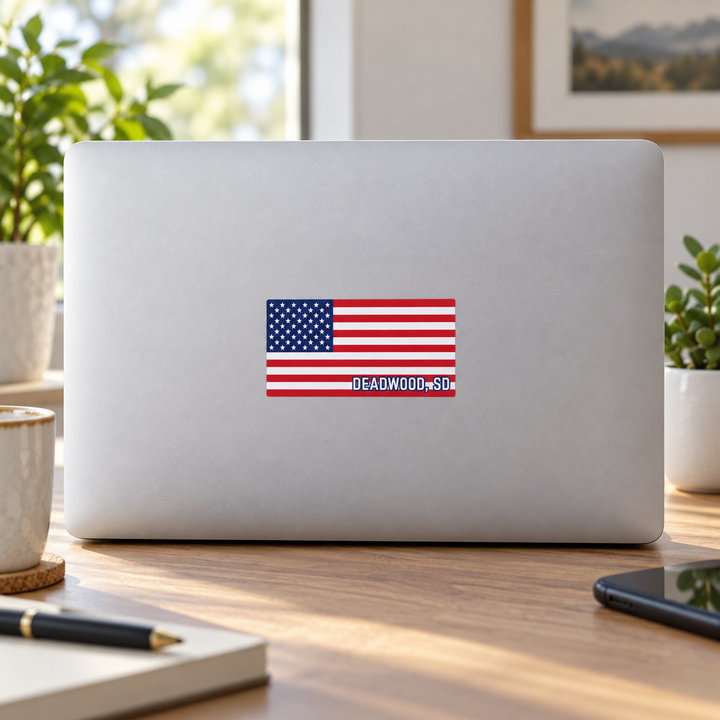 Deadwood American Flag Rectangle Sticker on a laptop — lifestyle display mockup; accessories not included