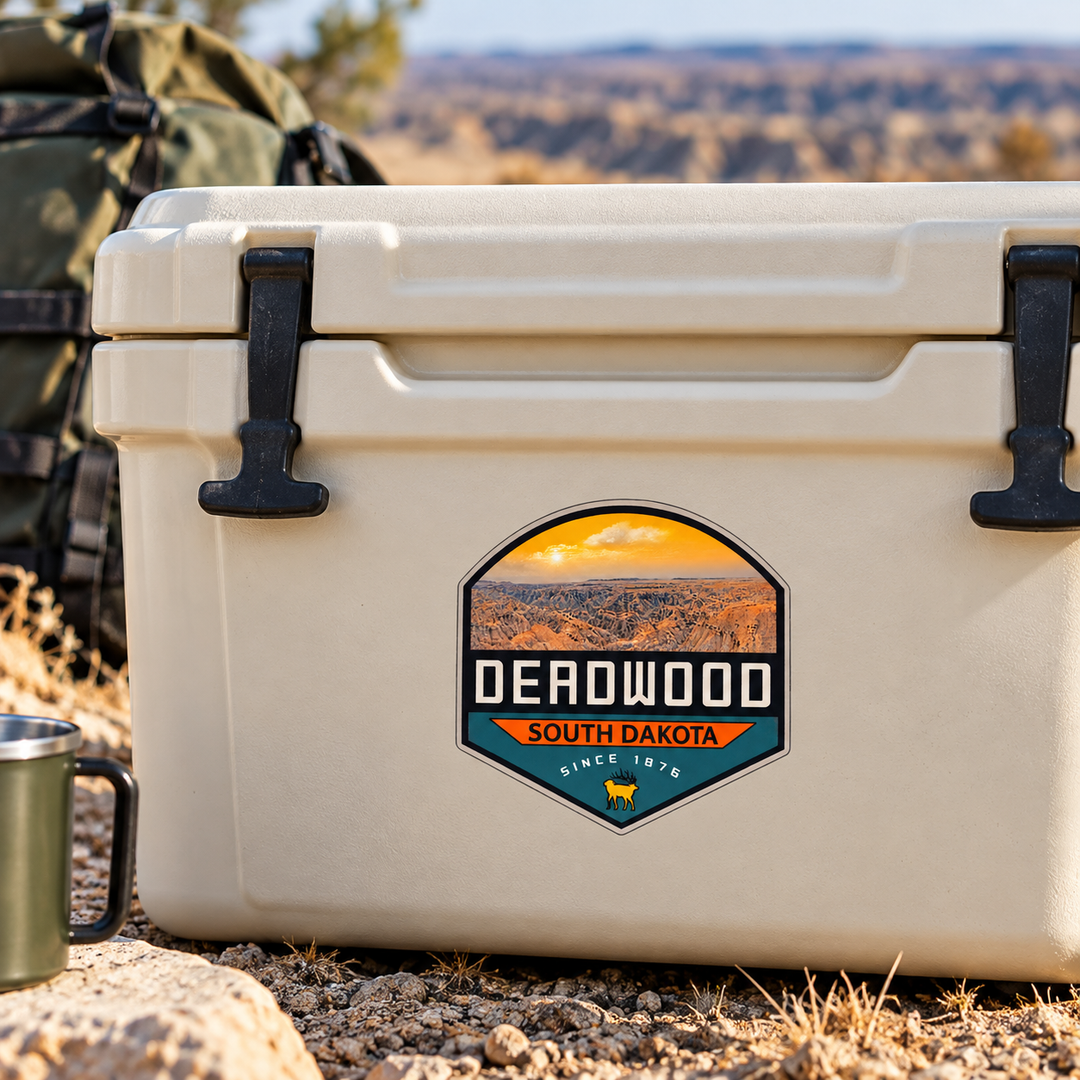 Deadwood Badlands Elk Shield Sticker on a cooler — lifestyle display mockup; accessories not included