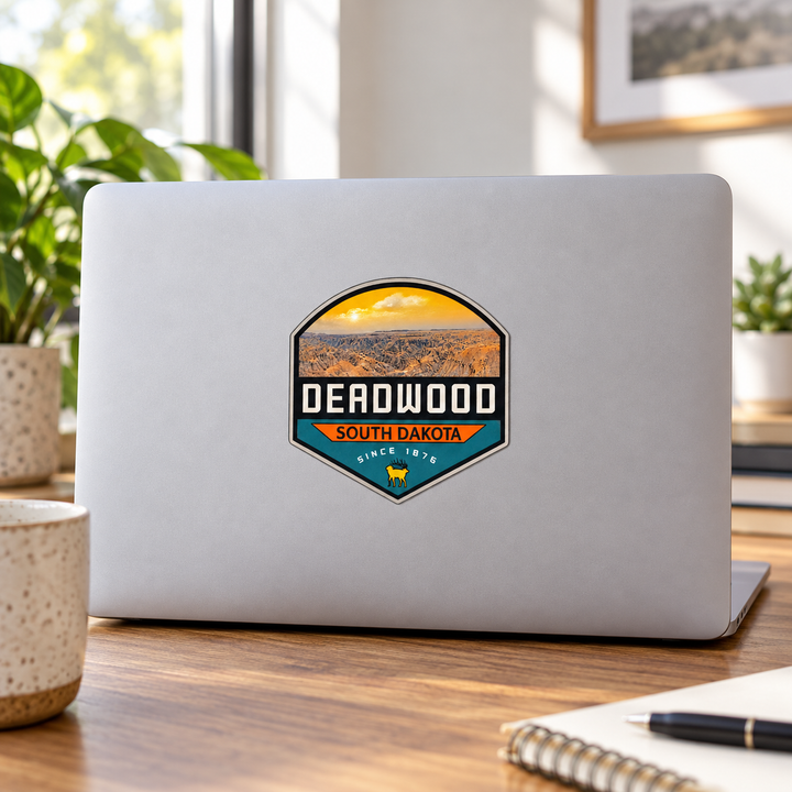 Deadwood Badlands Elk Shield Sticker on a laptop — lifestyle display mockup; accessories not included