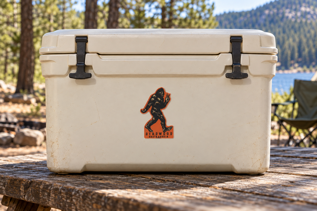 Deadwood Bigfoot Peace Sign Sticker – Orange on a camping cooler at realistic scale