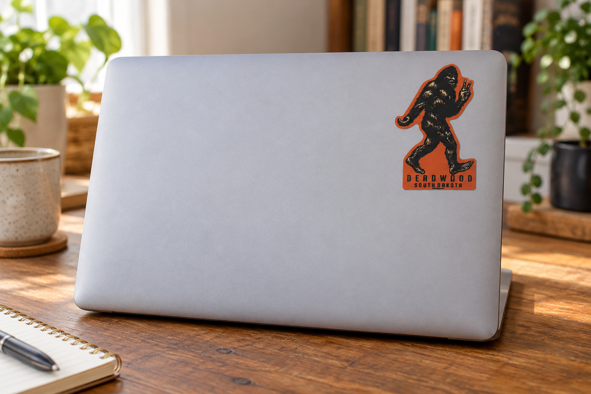 Deadwood Bigfoot Peace Sign Sticker – Orange on a laptop cover at realistic scale