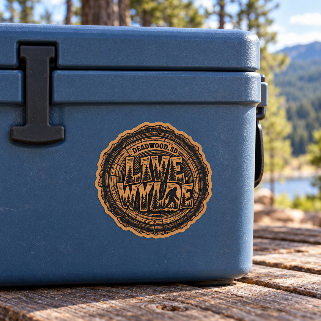 Deadwood Live Wylde Bigfoot Sticker shown on a cooler — lifestyle mockup