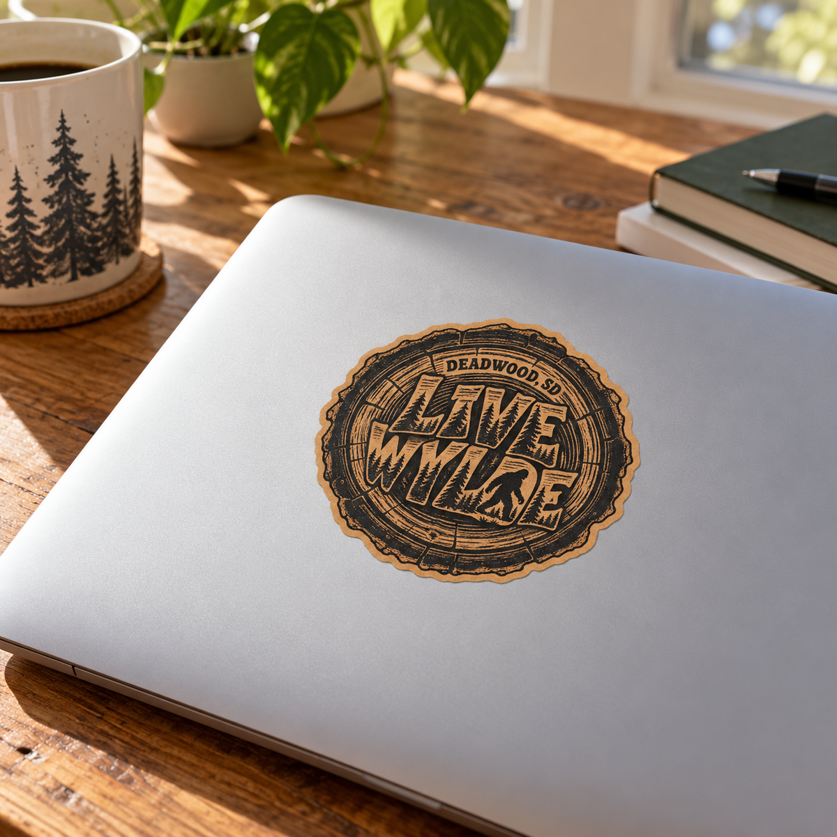 Deadwood Live Wylde Bigfoot Sticker shown on a laptop — lifestyle mockup