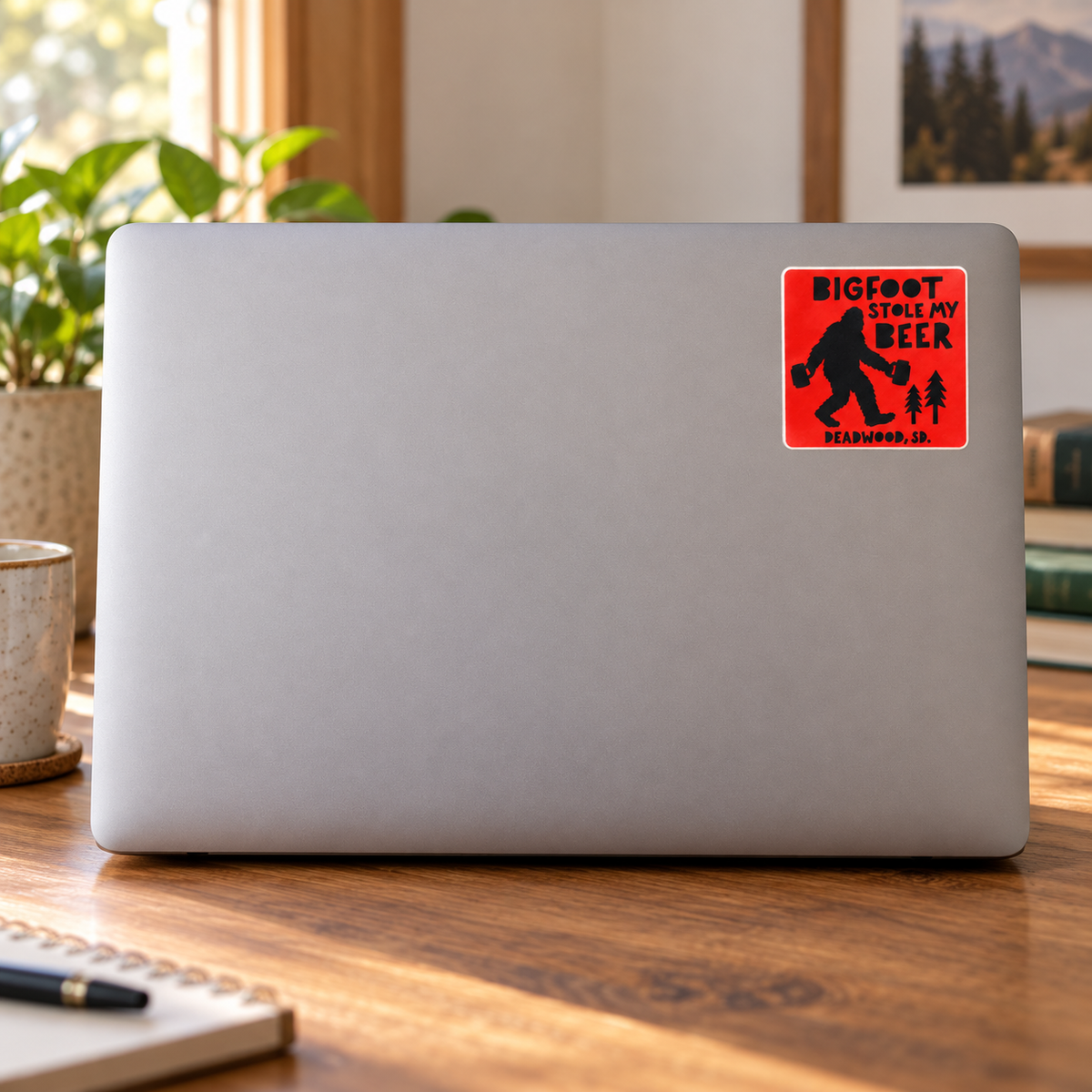 Deadwood Bigfoot Stole My Beer Sticker on a laptop cover — realistic scale lifestyle display; accessories not included