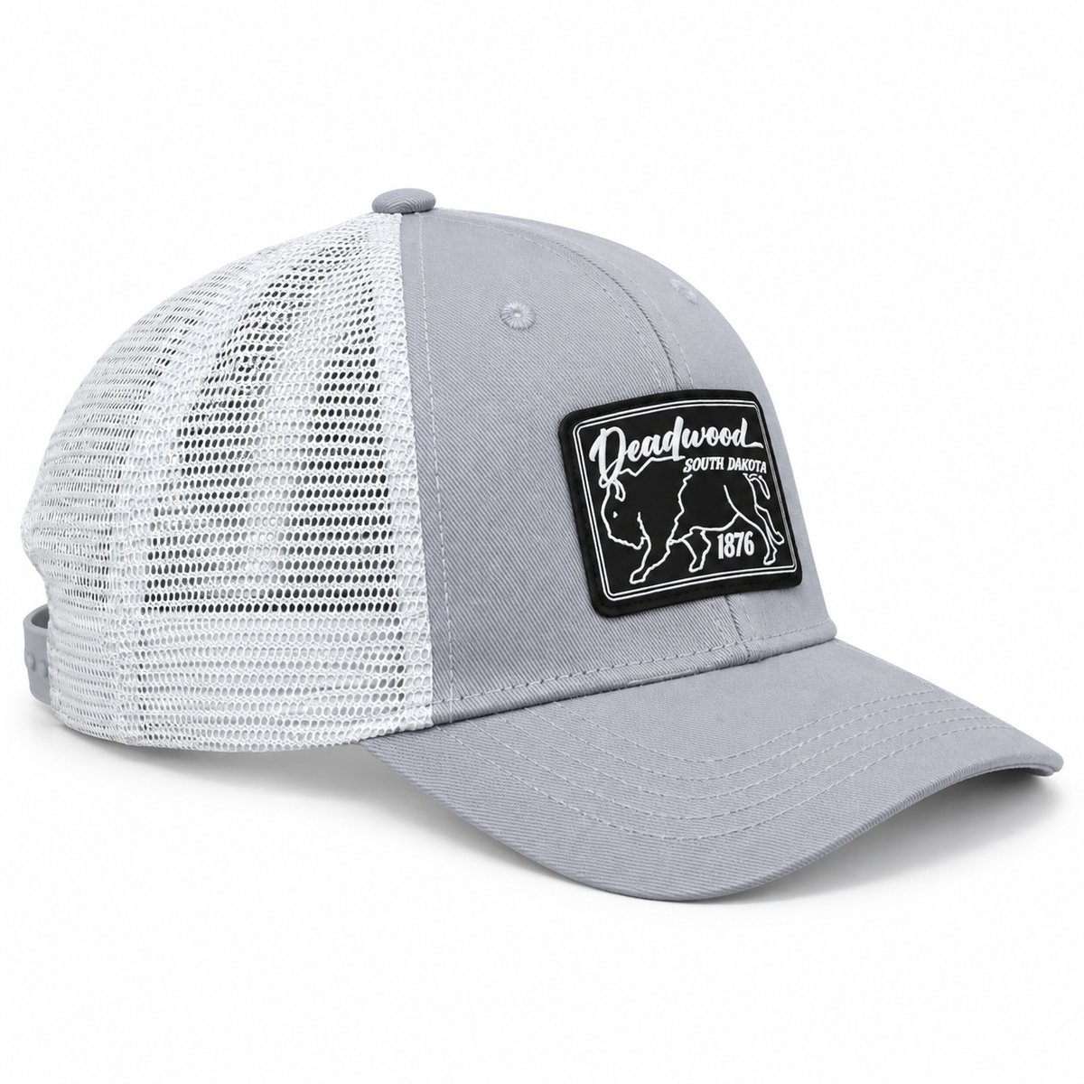 Deadwood Bison 1876 Leather Patch Trucker Hat – Light Gray & White; right product view