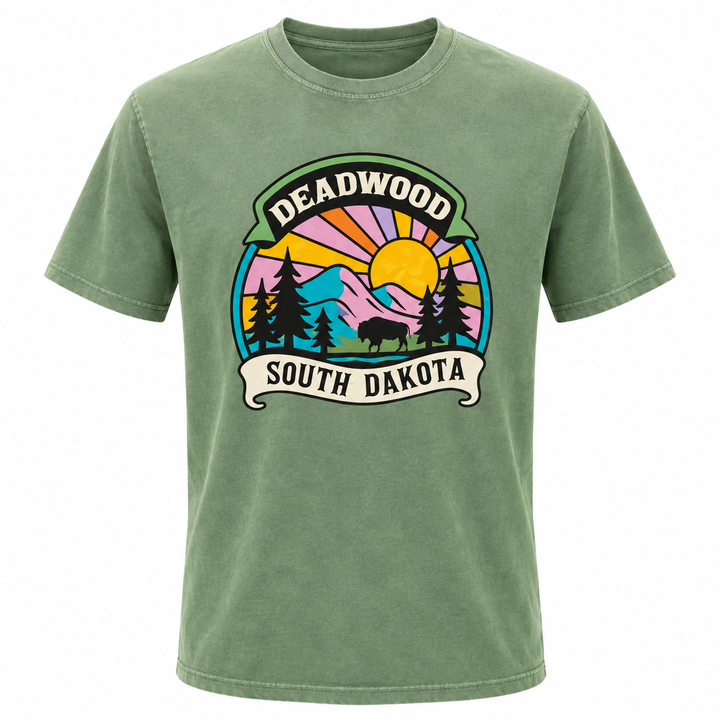 Washed green OR Deadwood South Dakota Bison Sunset T-shirt front graphic