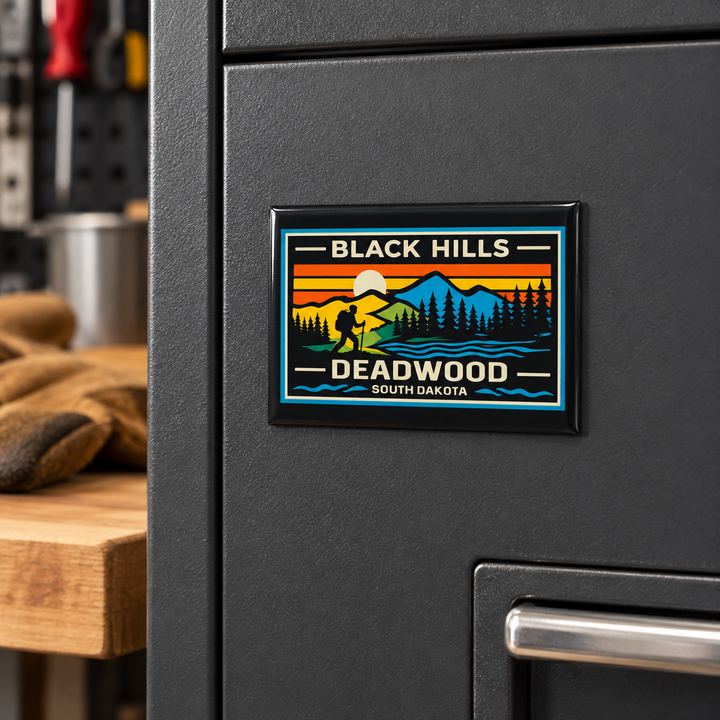 Deadwood Black Hills hiking magnet displayed on a steel garage cabinet