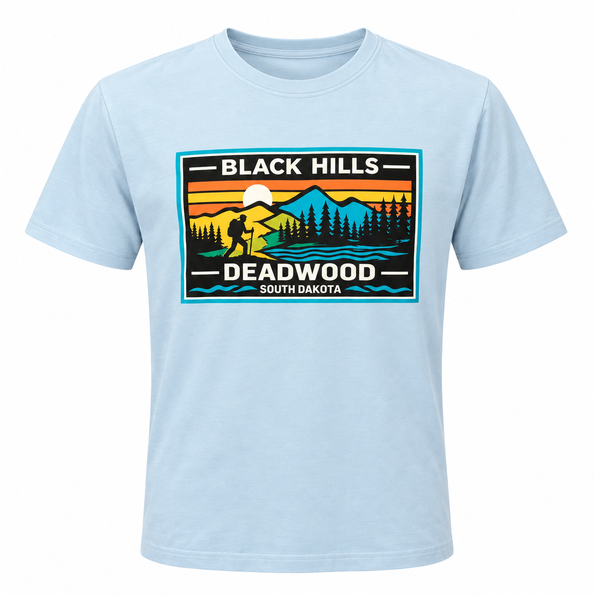 Light blue OR Deadwood Black Hills Sunset Hiker T-shirt front