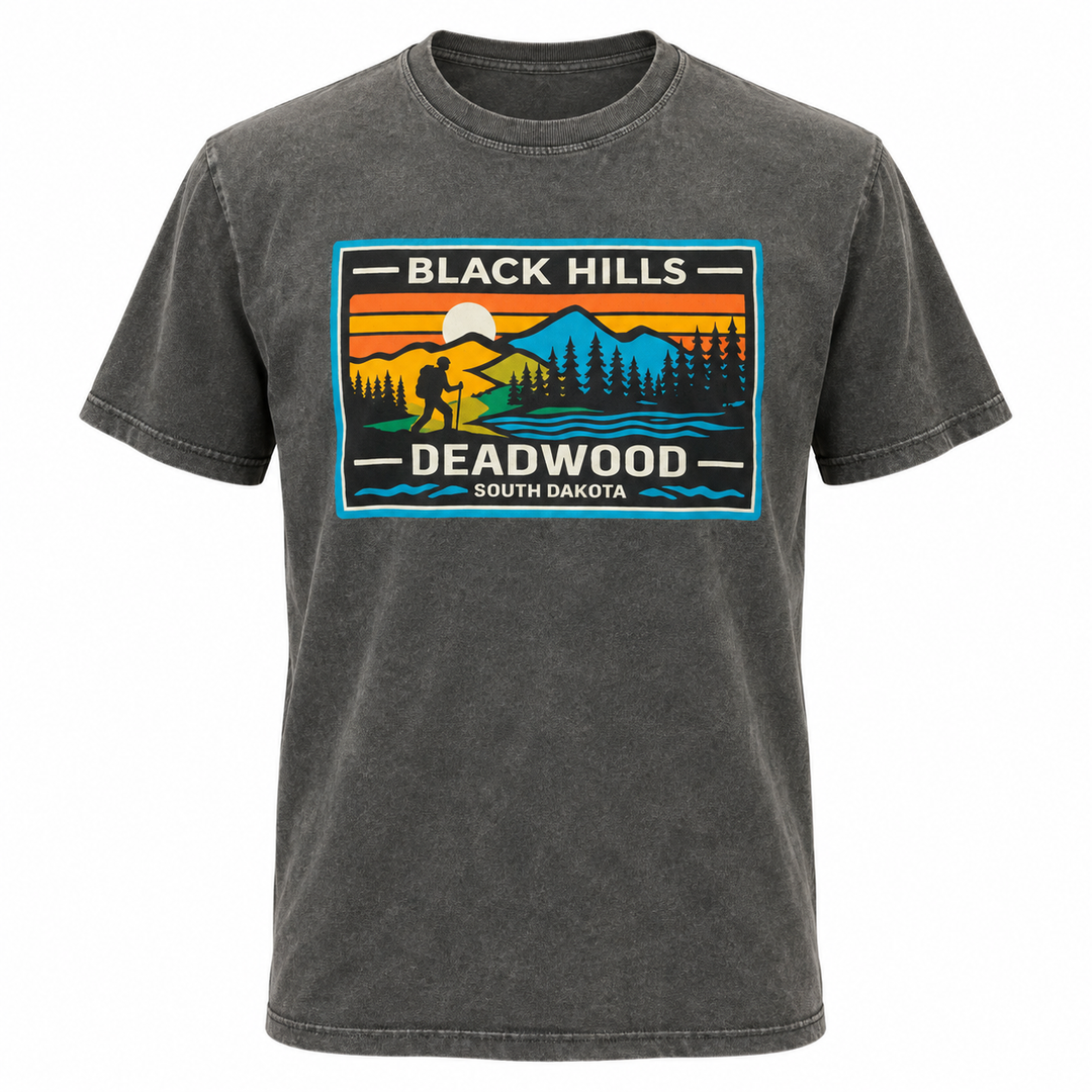 OR washed black Deadwood Black Hills Sunset Hiker T-shirt front with mountain sunset and hiking graphic