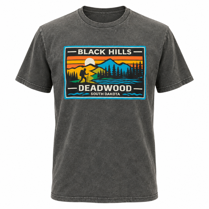 OR washed black Deadwood Black Hills Sunset Hiker T-shirt front with mountain sunset and hiking graphic