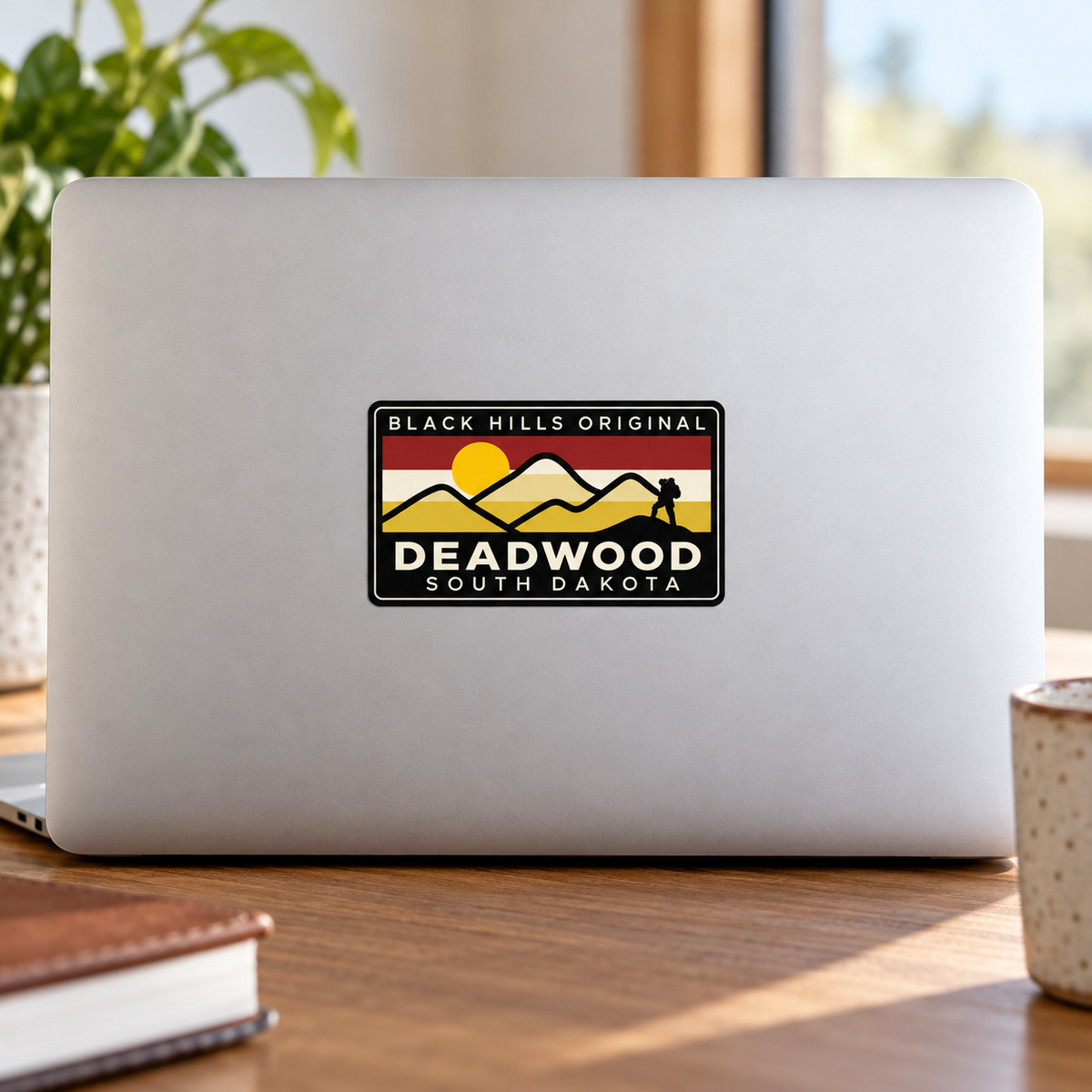 Deadwood Black Hills Original Mountain Hiker Sticker on a laptop — lifestyle display mockup; accessories not included