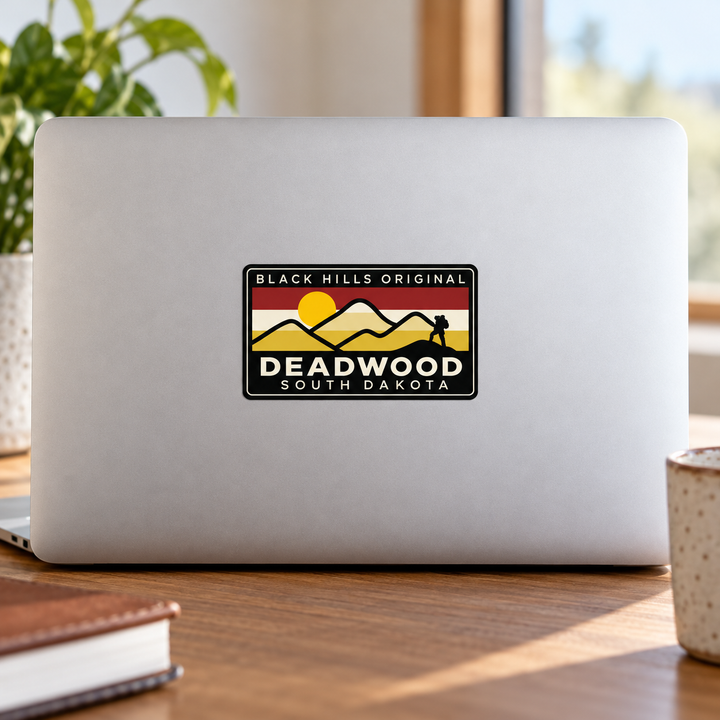 Deadwood Black Hills Original Mountain Hiker Sticker on a laptop — lifestyle display mockup; accessories not included