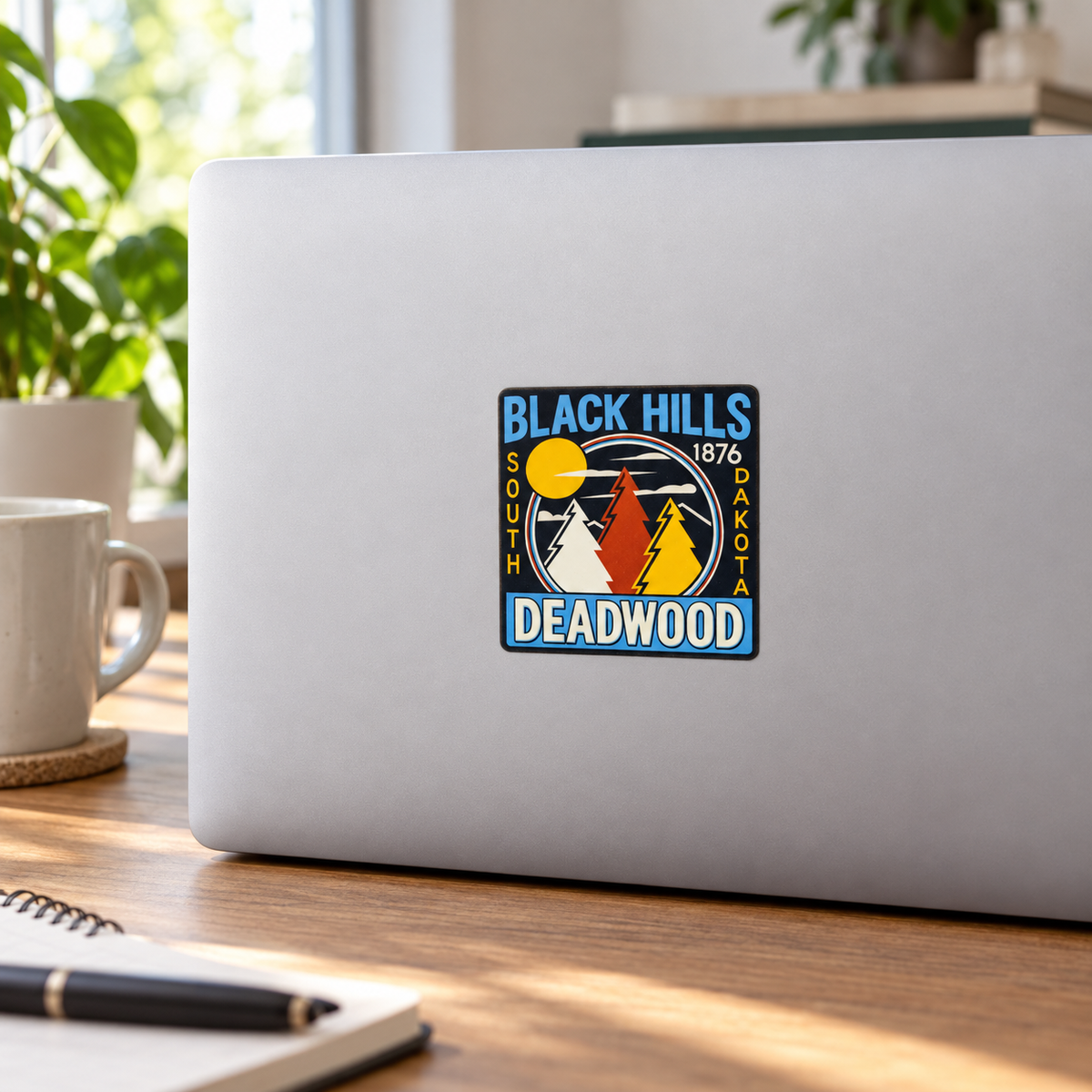 Deadwood Black Hills Three Pines Square Sticker on a laptop — lifestyle display mockup; accessories not included