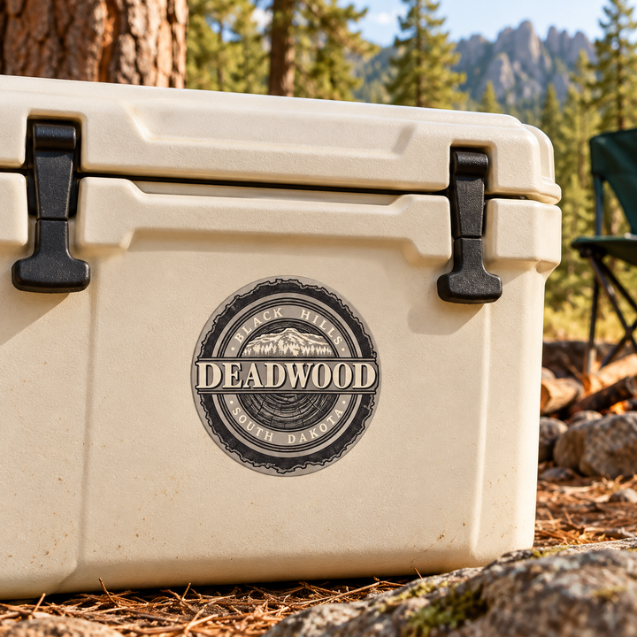 Deadwood Black Hills Woodgrain Mountain Seal Round Sticker on a cooler — lifestyle display mockup; accessories not included