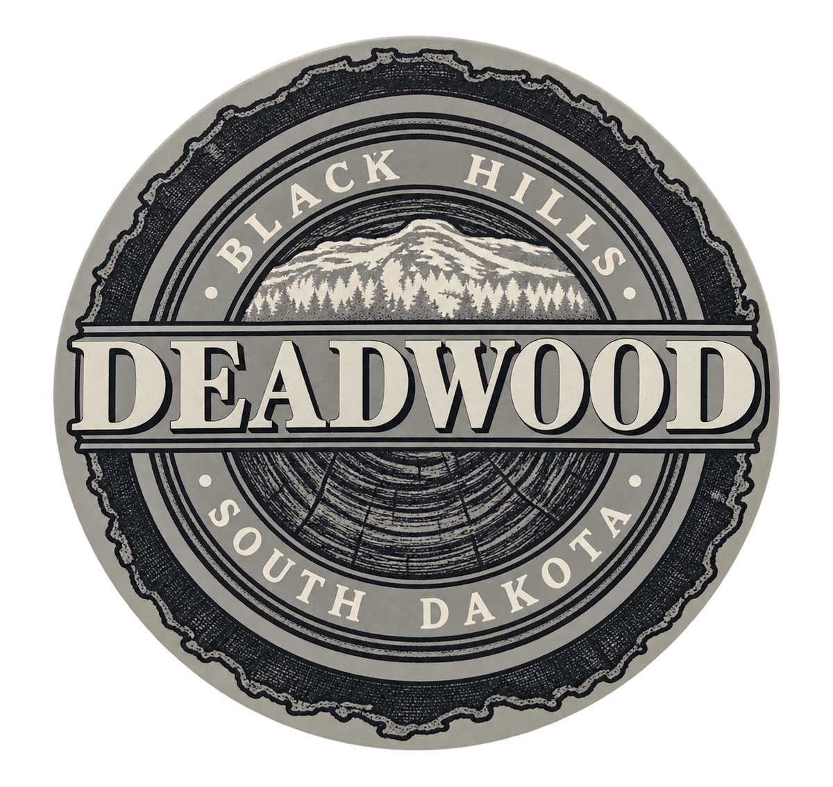 Deadwood Black Hills Woodgrain Mountain Seal Round Sticker — isolated product view