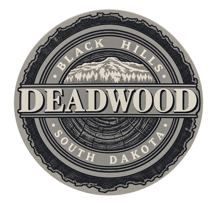 Deadwood Black Hills Woodgrain Mountain Seal Round Sticker — isolated product view