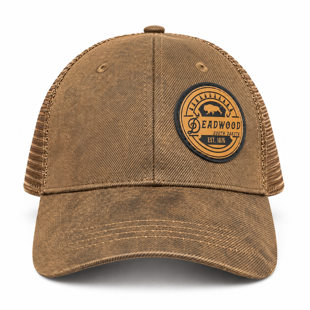 Deadwood Buffalo Heritage Leather Patch Trucker Hat – Washed Brown; front product view
