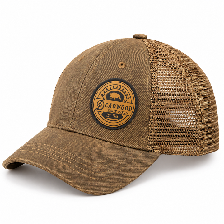 Deadwood Buffalo Heritage Leather Patch Trucker Hat – Washed Brown; left product view
