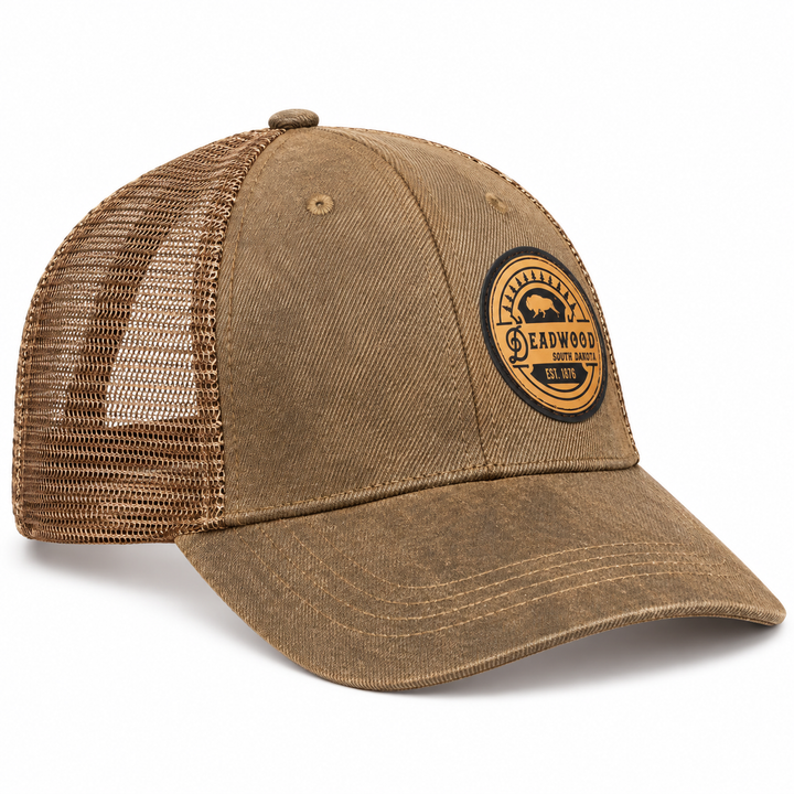 Deadwood Buffalo Heritage Leather Patch Trucker Hat – Washed Brown; right product view