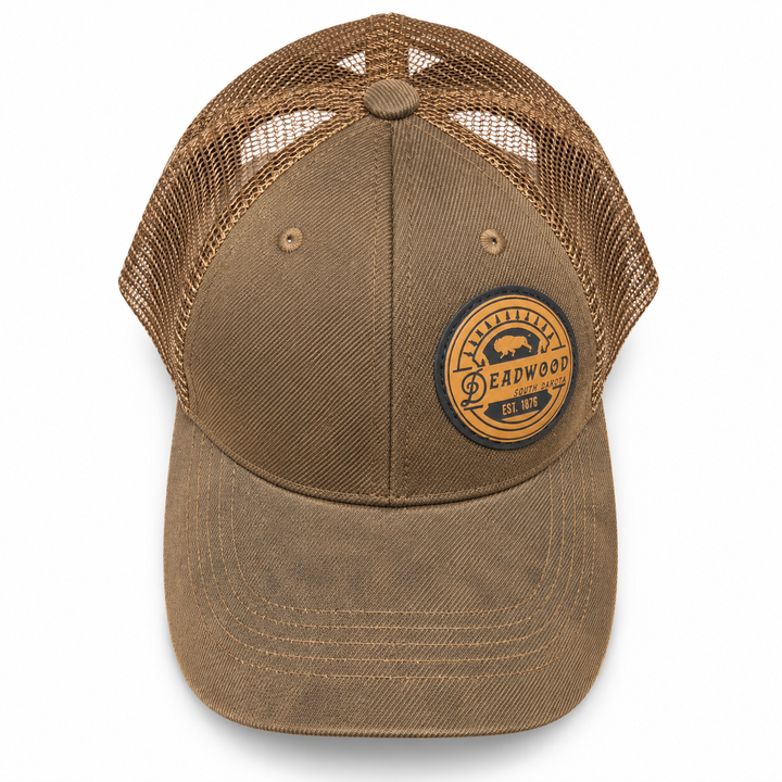 Deadwood Buffalo Heritage Leather Patch Trucker Hat – Washed Brown; top product view