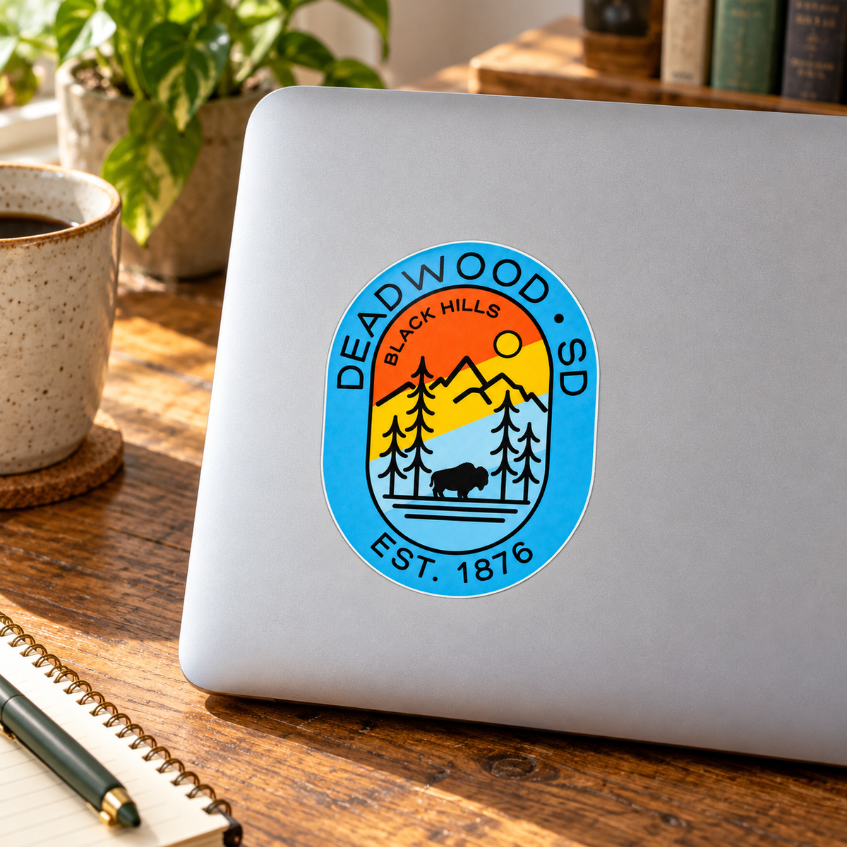 Deadwood Buffalo Mountain Oval Sticker on a laptop — lifestyle mockup