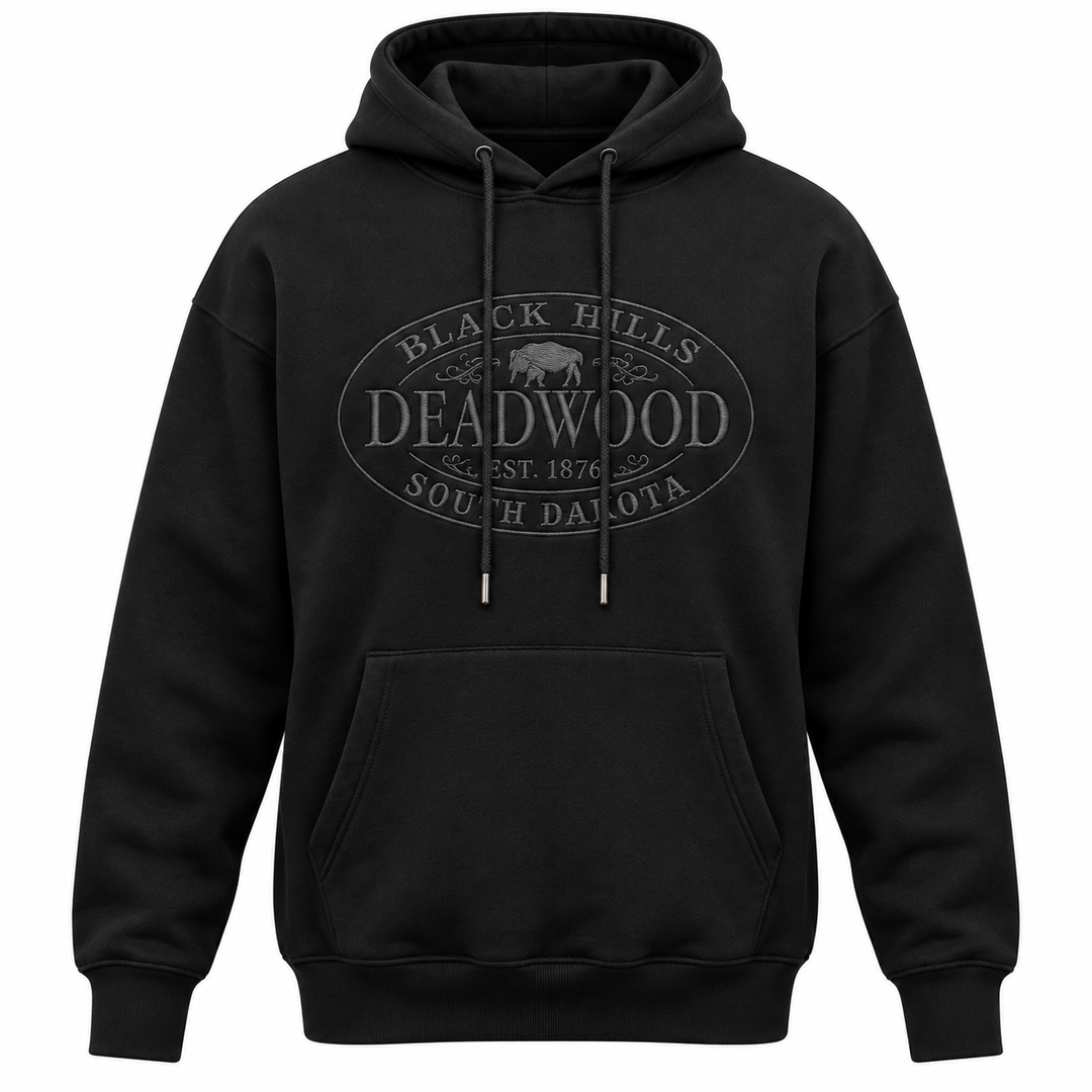 Black Deadwood Black Hills Buffalo Oval Shield hoodie, full grey front embroidery