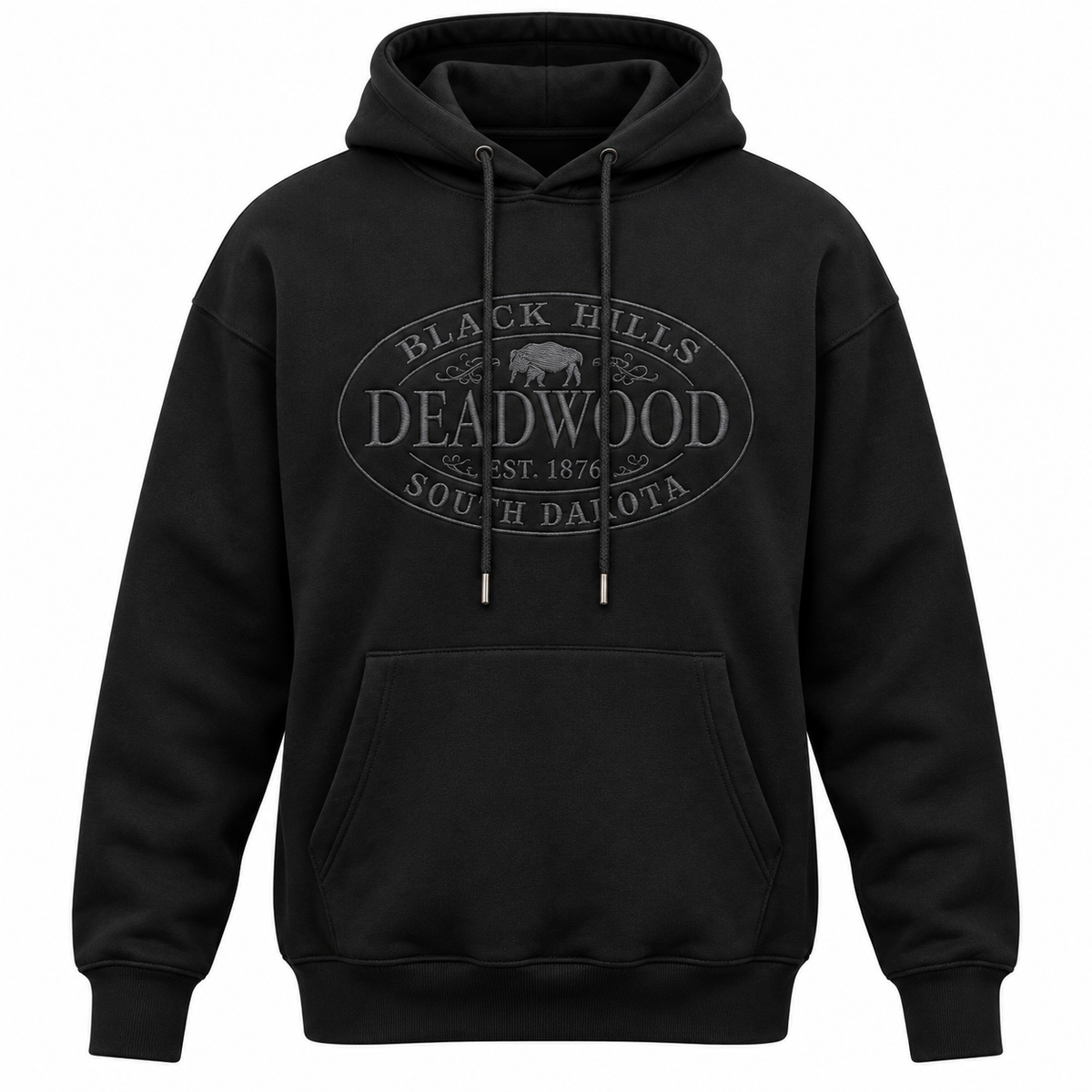 Black Deadwood Black Hills Buffalo Oval Shield hoodie, full grey front embroidery