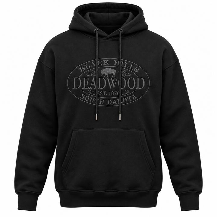 Black Deadwood Black Hills Buffalo Oval Shield hoodie, full grey front embroidery