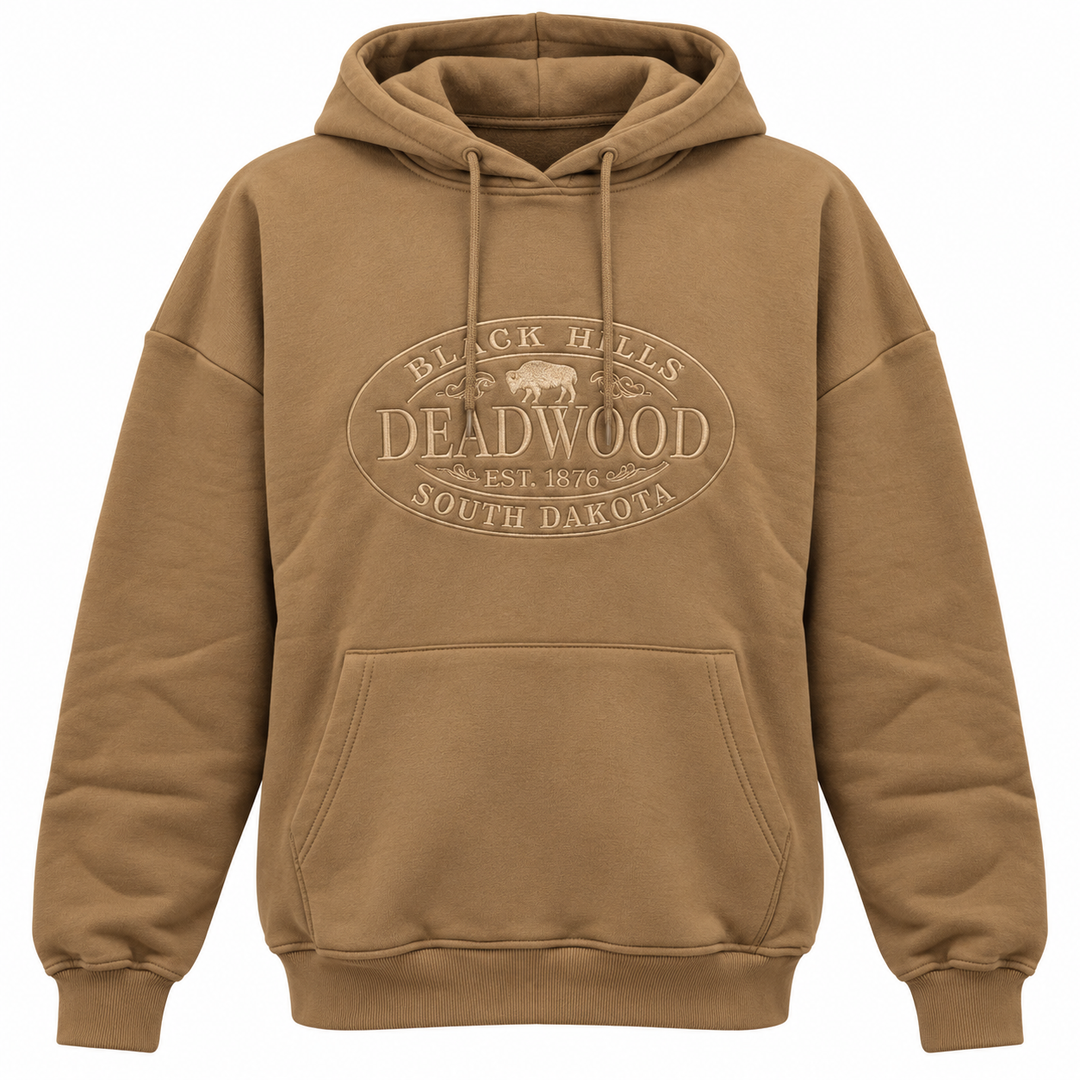 Brown Deadwood Black Hills Buffalo Oval embroidered hoodie — front tonal buffalo oval embroidery