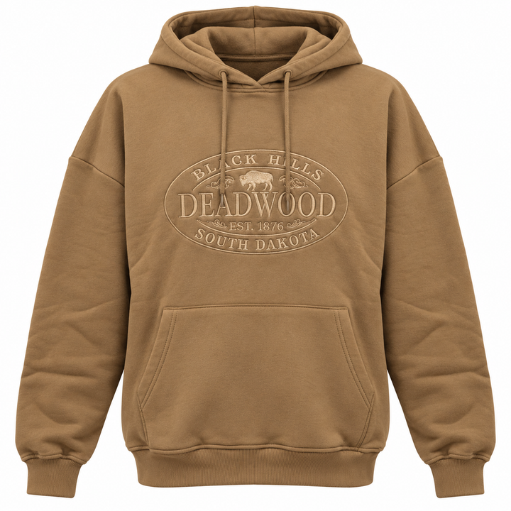 Brown Deadwood Black Hills Buffalo Oval embroidered hoodie — front tonal buffalo oval embroidery