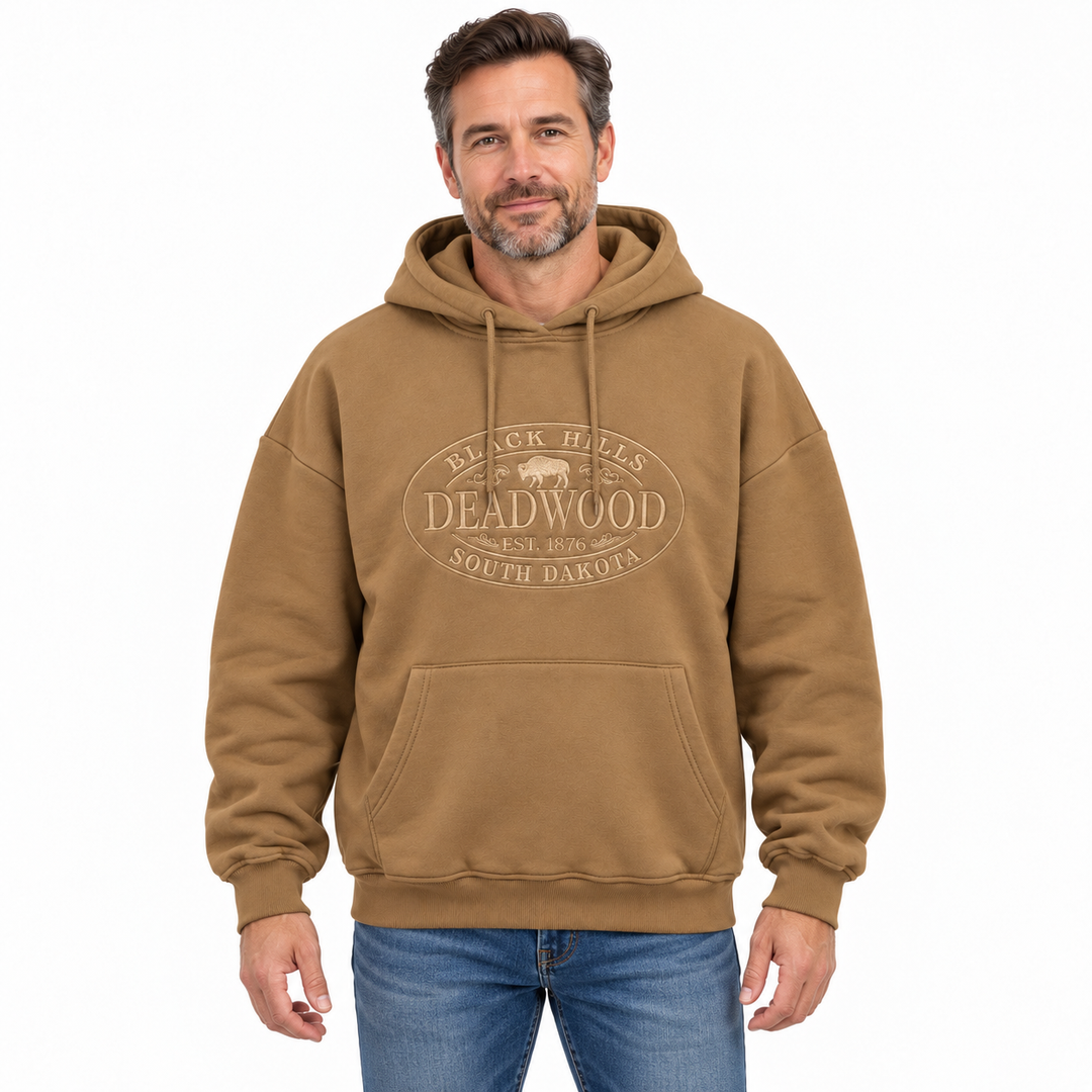 Brown Deadwood Black Hills Buffalo Oval embroidered hoodie — front model styling preview