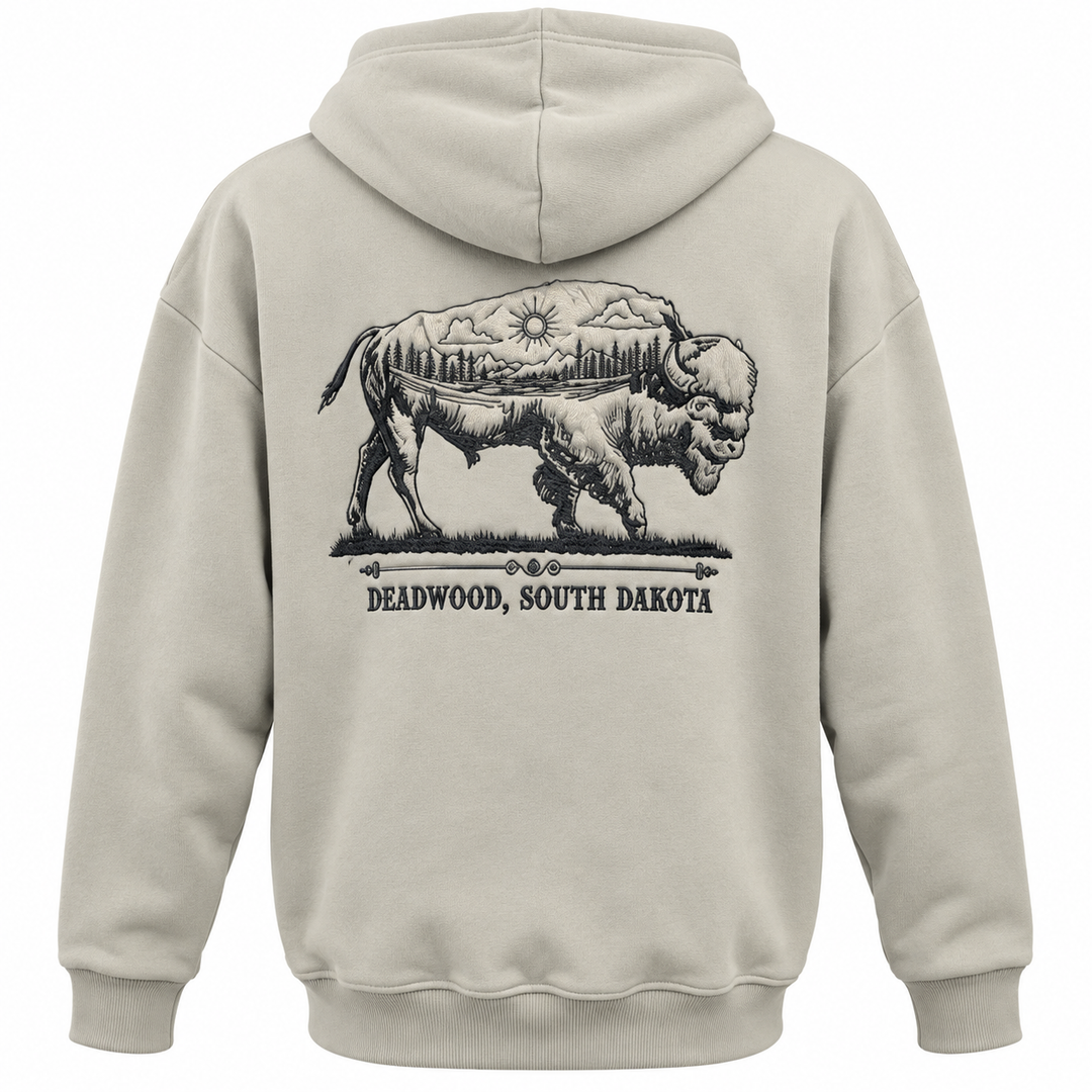 Grey Deadwood Buffalo Roam embroidered hoodie — large embroidered buffalo landscape back design