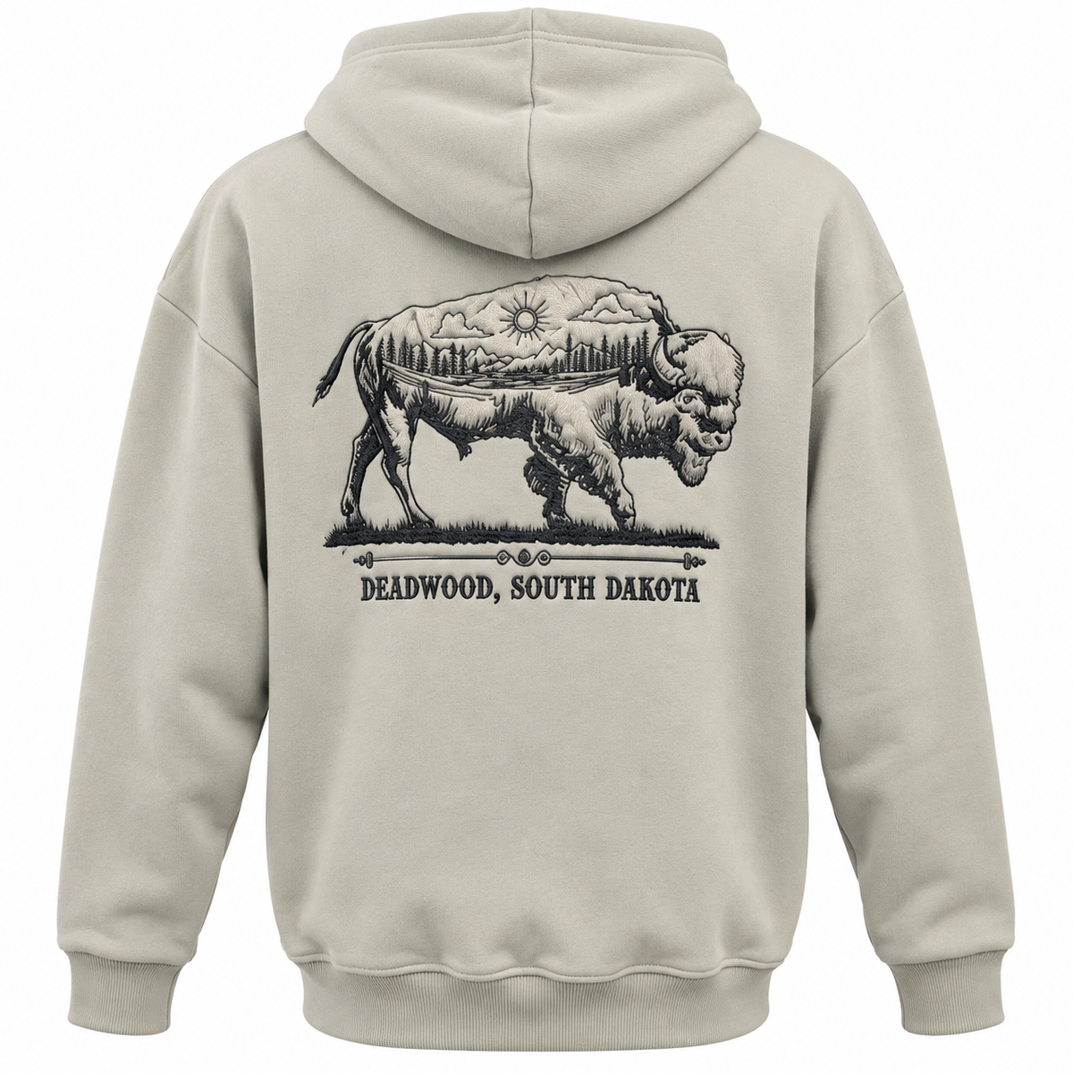 Grey Deadwood Buffalo Roam embroidered hoodie — large embroidered buffalo landscape back design