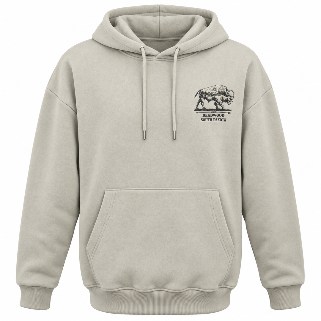 Grey Deadwood Buffalo Roam embroidered hoodie — small embroidered buffalo left-chest design