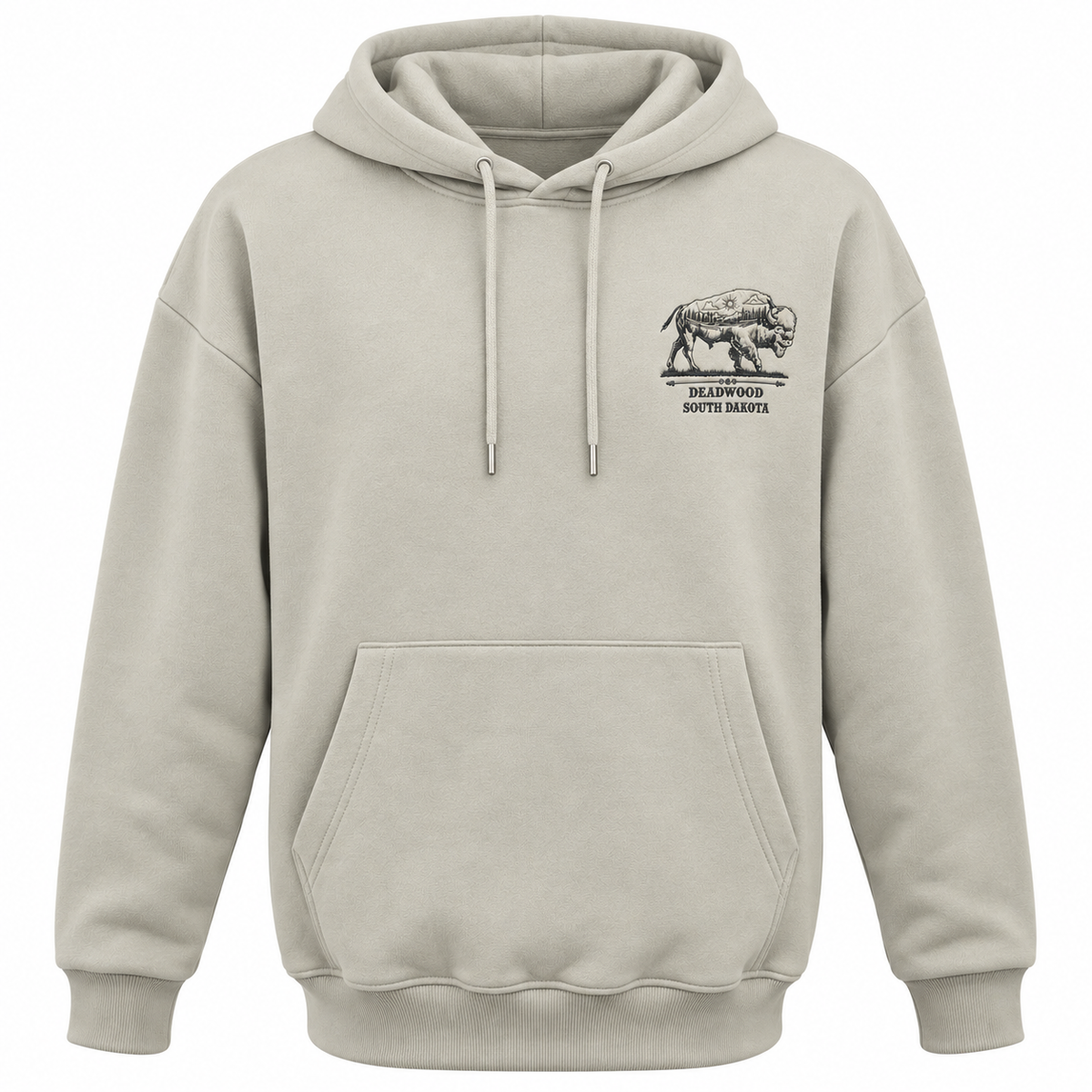 Grey Deadwood Buffalo Roam embroidered hoodie — small embroidered buffalo left-chest design