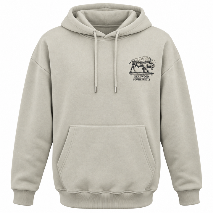 Grey Deadwood Buffalo Roam embroidered hoodie — small embroidered buffalo left-chest design