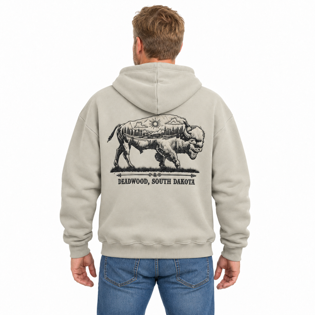 Grey Deadwood Buffalo Roam embroidered hoodie — back model styling preview showing full embroidery