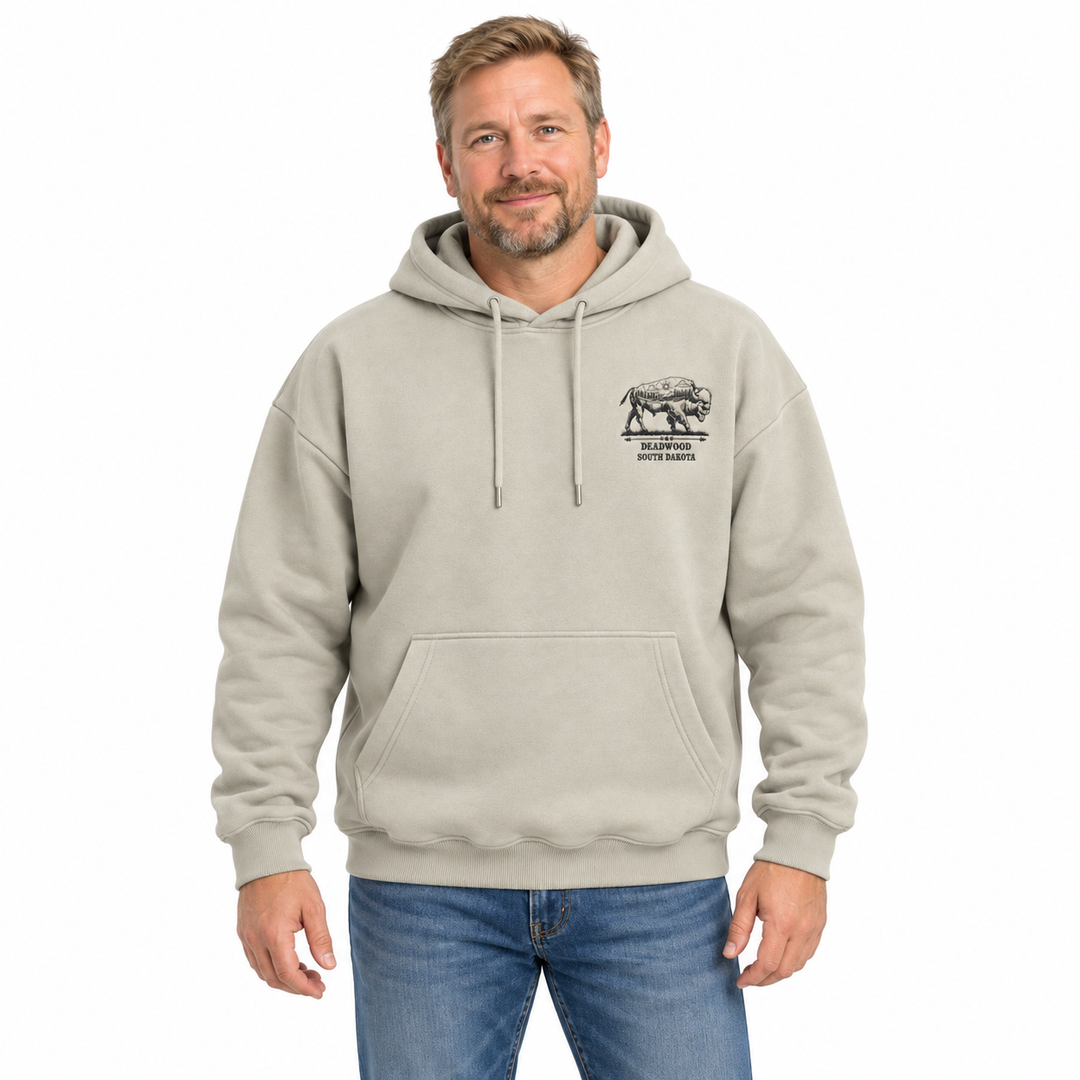 Grey Deadwood Buffalo Roam embroidered hoodie — front model styling preview