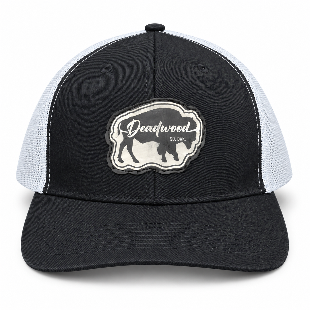 Deadwood Buffalo Silhouette Leather Patch Trucker Hat – Black &amp; White; front product view