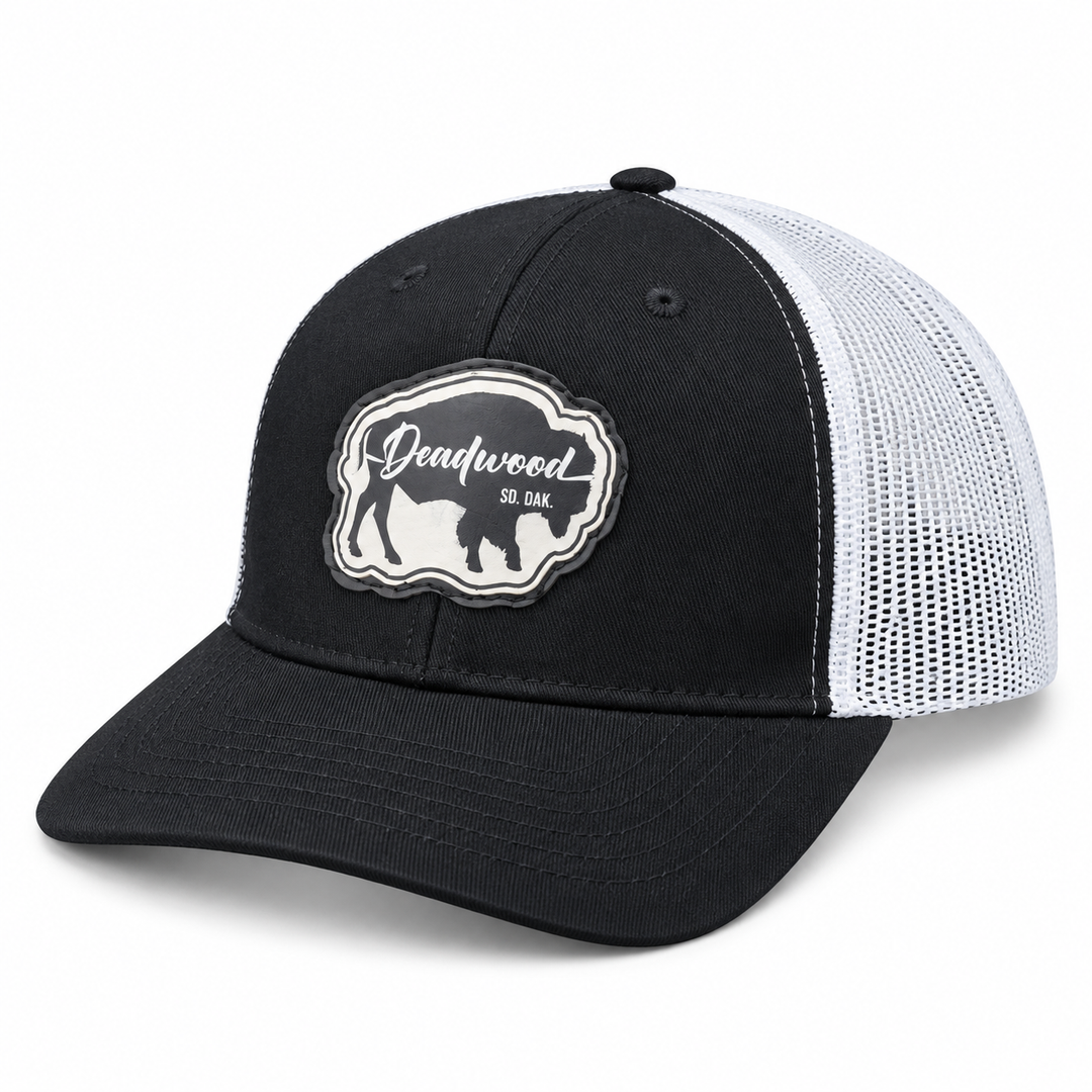 Deadwood Buffalo Silhouette Leather Patch Trucker Hat – Black &amp; White; left product view