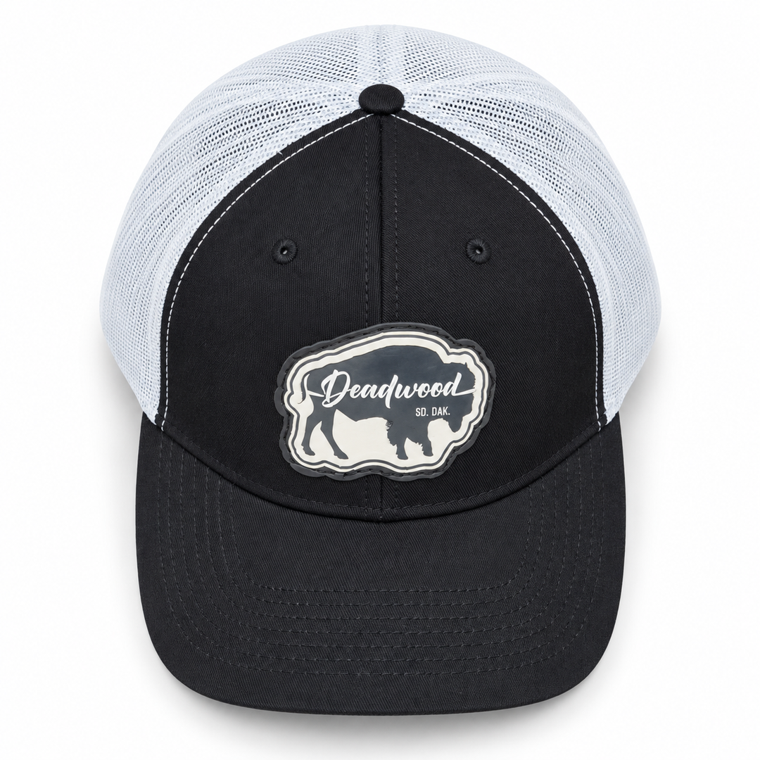 Deadwood Buffalo Silhouette Leather Patch Trucker Hat – Black &amp; White; top product view