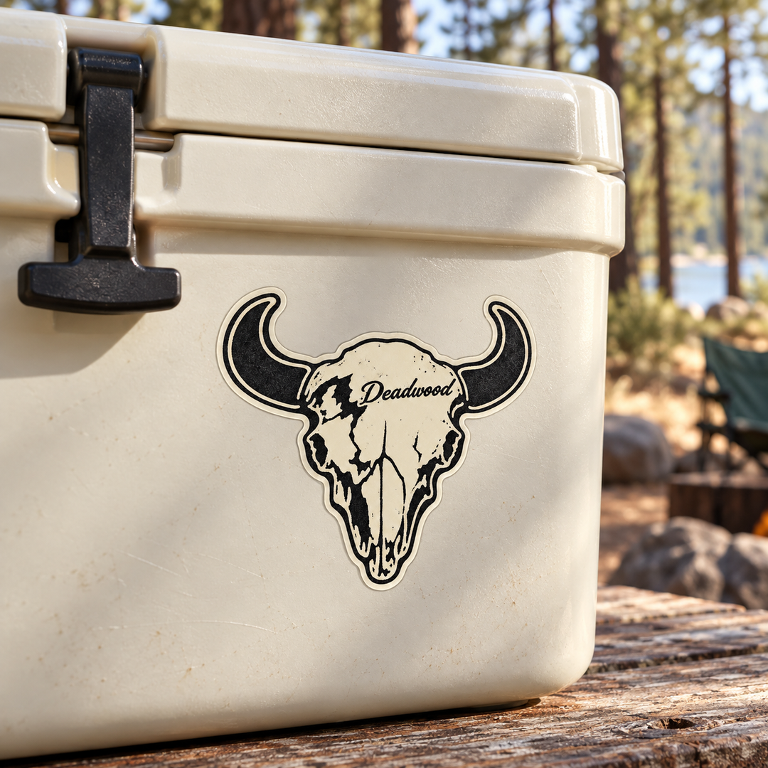 Deadwood Buffalo Skull Sticker on a cooler — lifestyle mockup