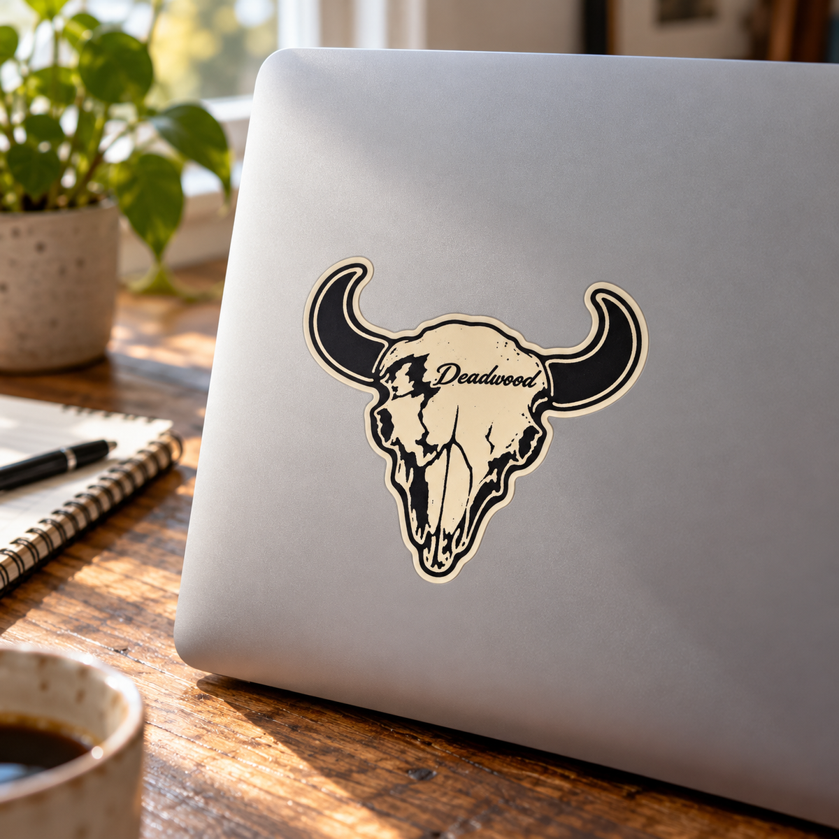 Deadwood Buffalo Skull Sticker on a laptop — lifestyle mockup