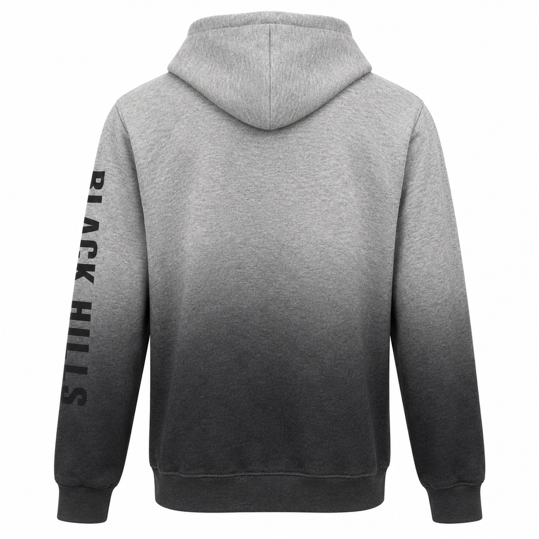 Grey-to-charcoal hoodie back with Black Hills sleeve print
