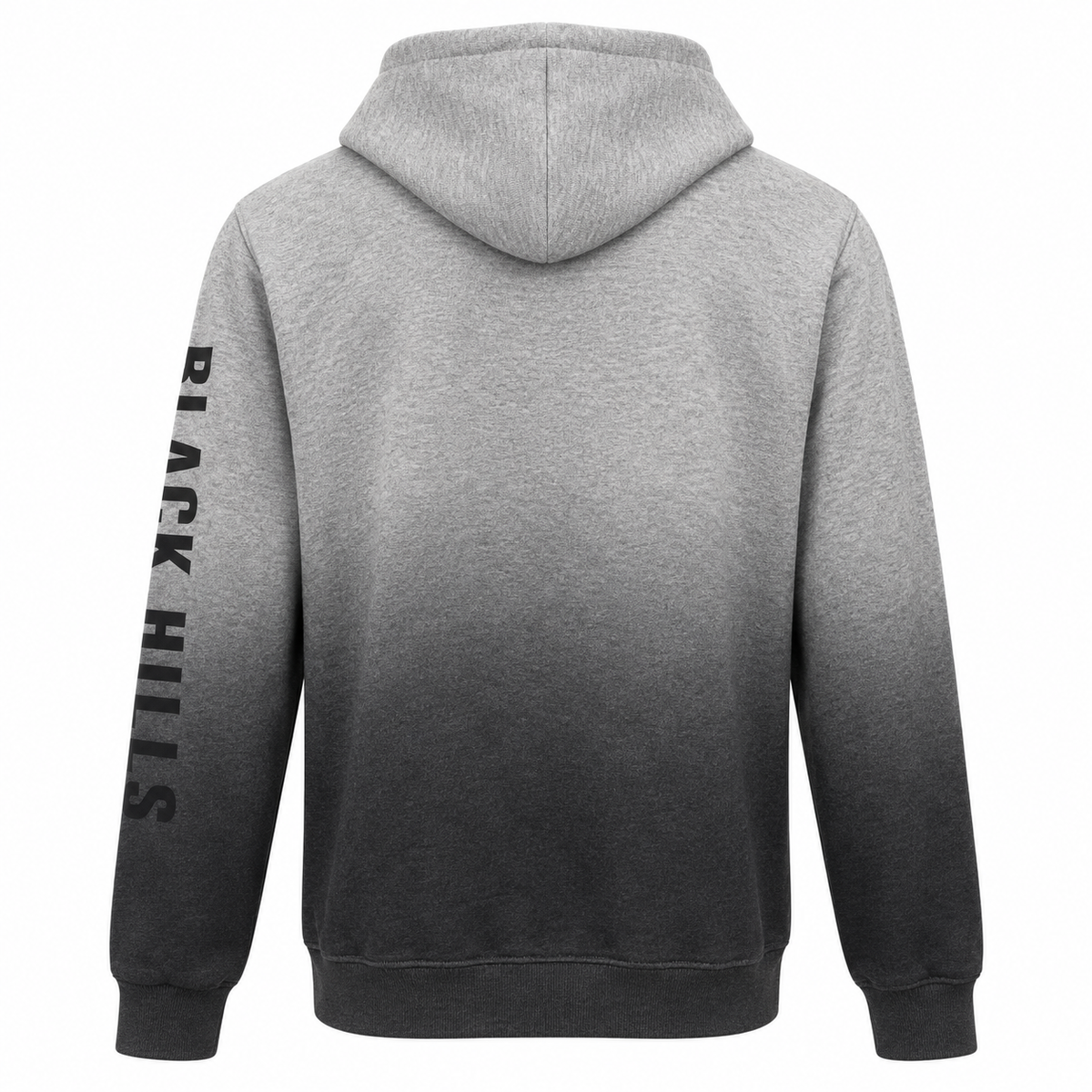 Grey-to-charcoal hoodie back with Black Hills sleeve print