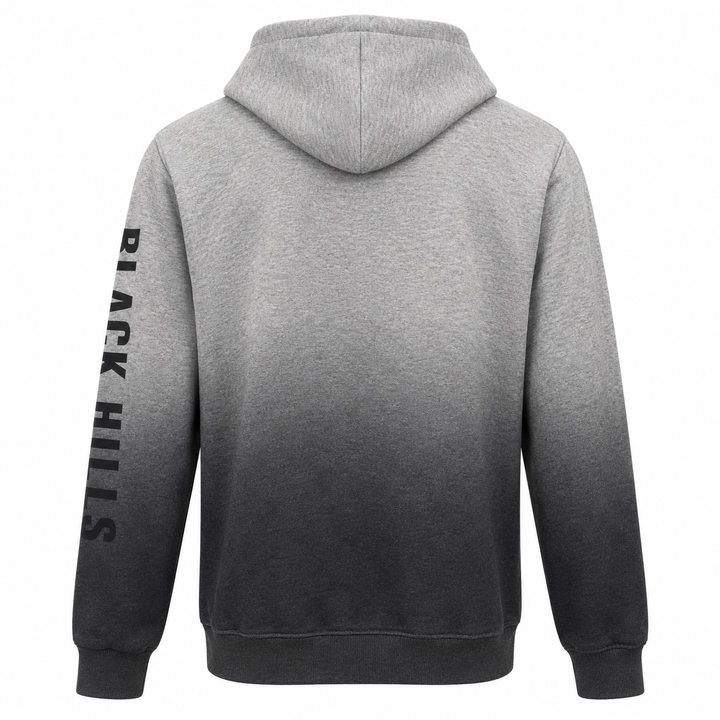 Grey-to-charcoal hoodie back with Black Hills sleeve print