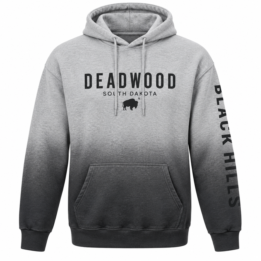 Grey-to-charcoal Deadwood buffalo printed hoodie, front